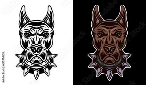 Dog head in spiked collar front view vector two styles illustration black on white and colored on dark background