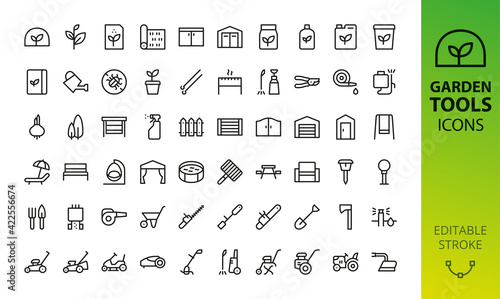 Gardening, garden tools and buildings isolated icons set. Set of power tools, greenhouse, seeds, shed storage, garden chair, tent, bench, lawnmower, trimmer, fence, gate, pool, flowerpot vector icon
