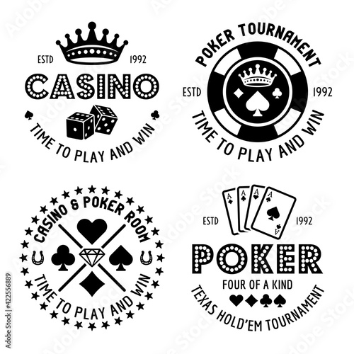 Poker and casino set of four vector monochrome typographic gambling emblems, labels, badges or logos in vintage style isolated on white background