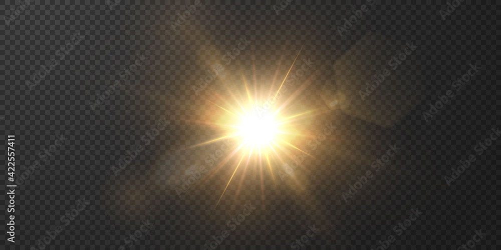 The sun is shining bright light rays with realistic glare. Light star on a transparent black background. Light star gold png. Light sun gold png. Light flash gold png. Powder png.