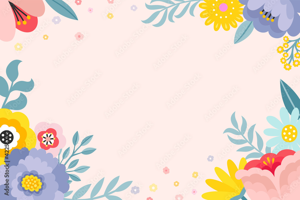 Vector flower border. Colorful floral illustrations. Botanical frame minimalist modern ornament. Natural background decoration. Seasonal spring summer banner. Elegant greeting card template.