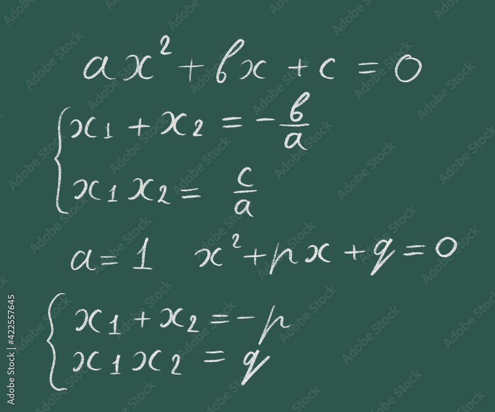 Applying Vieta's formulas for quadratic equations graphic illustration white lettering on a green board Applying Vieta's formulas for quadratic equations graphic illustration white lettering on a green board
