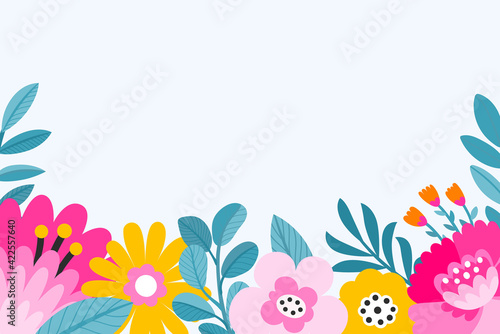 Vector flower border. Colorful floral illustrations. Botanical frame minimalist modern ornament. Natural background decoration. Seasonal spring summer banner. Elegant greeting card template.