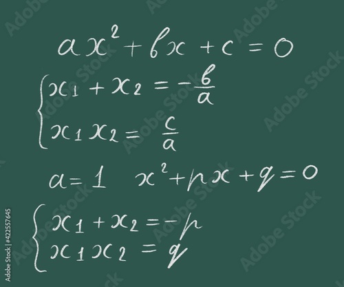 Applying Vieta's formulas for quadratic  equations graphic illustration white lettering on a green board