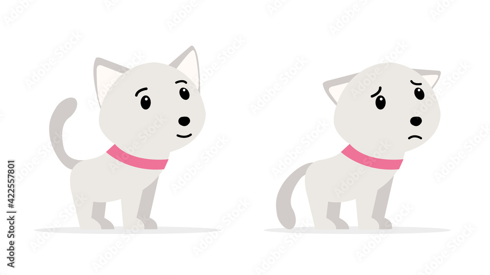 A small cat with a good and a bad mood. Pet. Vector illustration. Flat style