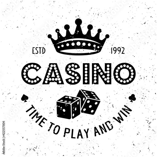 Casino and poker room vector gambling emblem, badge, label or logo with dice and royal crown on textured background