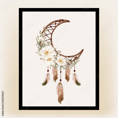 Watercolor dream catcher flower white magnolia feather