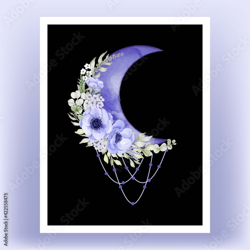 Watercolor half moon with purple anemone flower