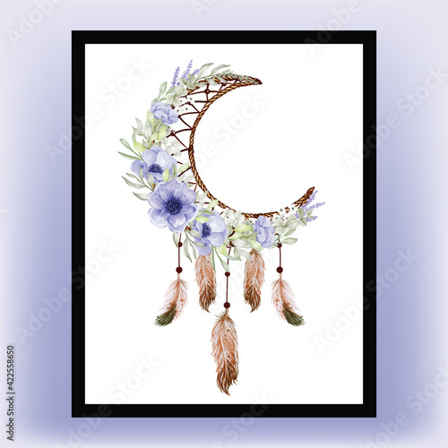 Watercolor dream catcher flower purple anemone feather