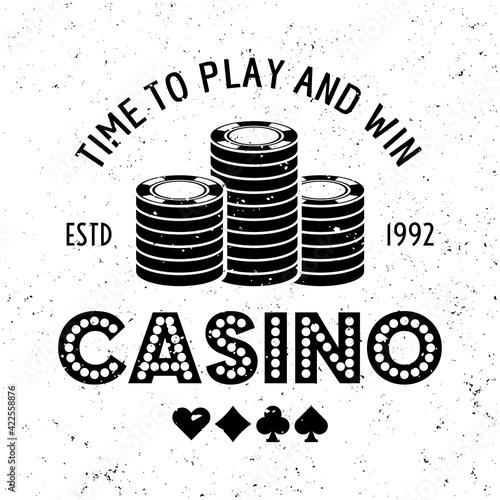 Casino vector round gambling emblem, badge, label or logo with chips in a stack on textured background