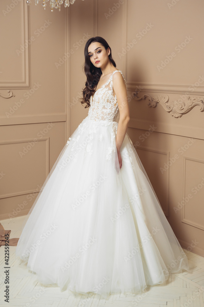 Fashion bride in gorgeous wedding dress studio portrait. Beautiful model with bridal makeup and hairstyle in marriage lace dress.
