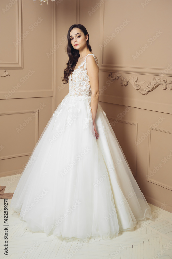 Fashion bride in gorgeous wedding dress studio portrait. Beautiful model with bridal makeup and hairstyle in marriage lace dress. Fashion bride in gorgeous wedding dress studio portrait. Beautiful model with bridal makeup and hairstyle in marriage lace dress.
