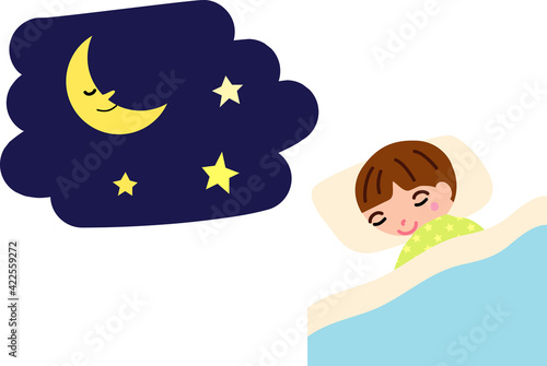 お月様とベッドで眠る男の子
