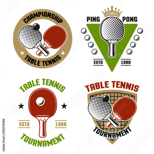 Ping pong or table tennis set of four vector colored emblems, labels, badges, logos isolated on white background
