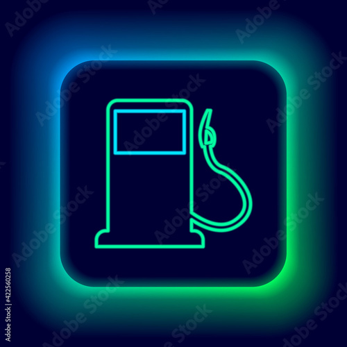 Glowing neon line Petrol or Gas station icon isolated on black background. Car fuel symbol. Gasoline pump. Colorful outline concept. Vector