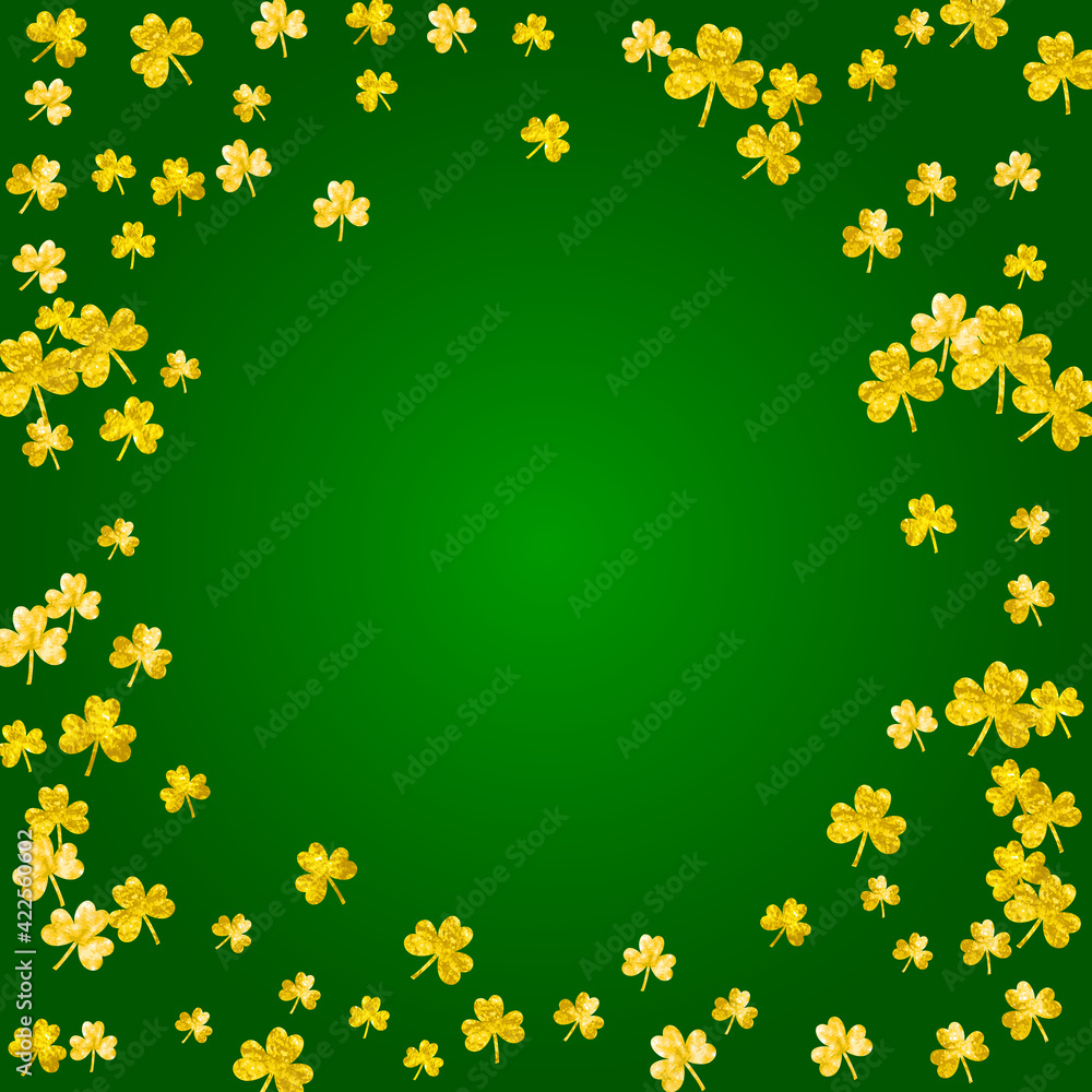Saint patricks day background with shamrock. Lucky trefoil confetti. Glitter frame of clover leaves. Template for poster, gift certificate, banner. Irish saint patricks day backdrop.