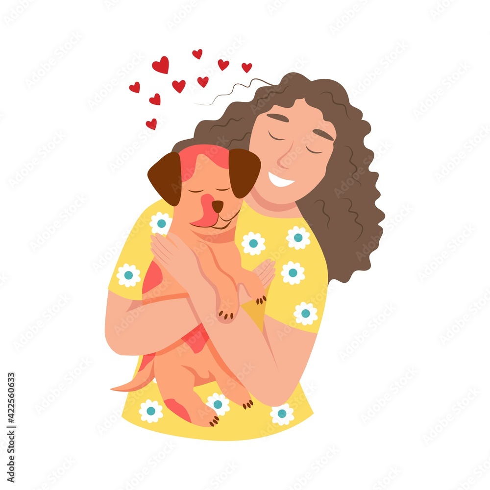 Happy pet owners. A young woman hugs a dog. Happiness, joy, heart. Cute flat vector illustration. Happy pet owners. A young woman hugs a dog. Happiness, joy, heart. Cute flat vector illustration.