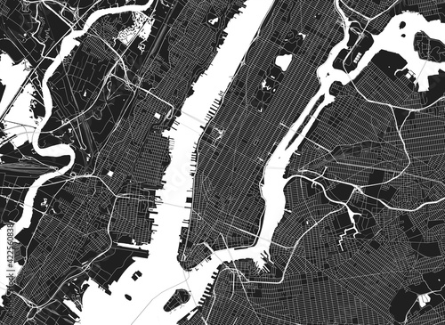 Light New York City map. Road map of New York (United States). Black and white (light) illustration of new york streets. Transport network of the Big Apple. Printable poster format (album).