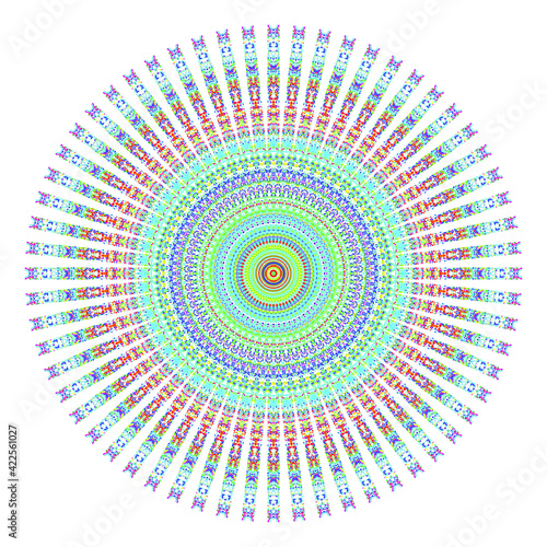 Creative multicolored points round symbol. Abstract symmetrical logo. Mosaic colorful beautiful beads. Circle dots modern pixel floral art icon. Colored pattern ornament wheel decorative illustration.