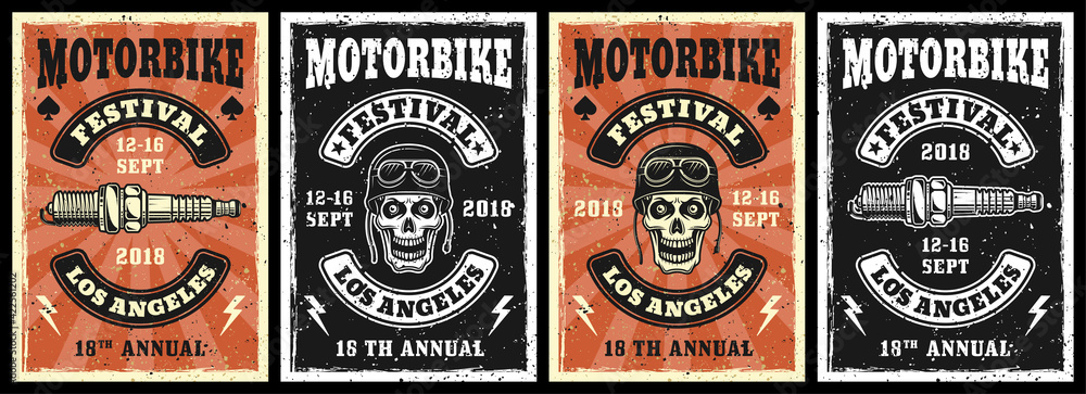 Motorcycle garage and repair service set of four vector posters in vintage style with skull and spark plug - obrazy, fototapety, plakaty 
