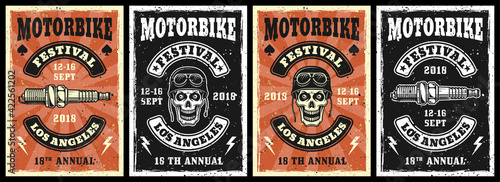Motorcycle garage and repair service set of four vector posters in vintage style with skull and spark plug