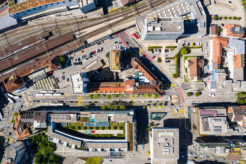 Top down view of the Fribourg city center by the rail station in Switzerland