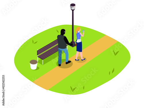 Pickpocketing concept at park isometric 3d vector concept for banner, website, illustration, landing page, flyer, etc.