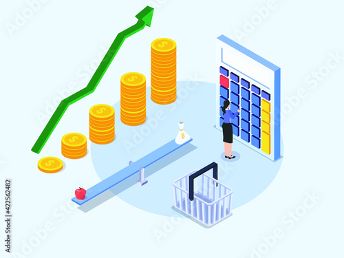 Woman calculating the cost of food prices isometric 3d vector concept for banner, website, illustration, landing page, flyer, etc.