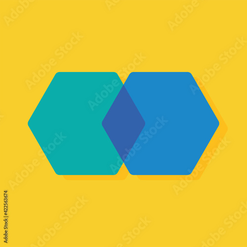 green polygon and blue polygon merge together on yellow background