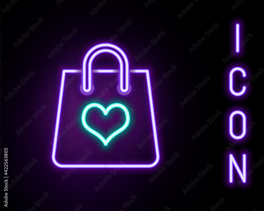 Glowing neon line Shopping bag with heart icon isolated on black background. Shopping bag shop love like heart icon. Valentine's day symbol. Colorful outline concept. Vector Glowing neon line Shopping bag with heart icon isolated on black background. Shopping bag shop love like heart icon. Valentine's day symbol. Colorful outline concept. Vector