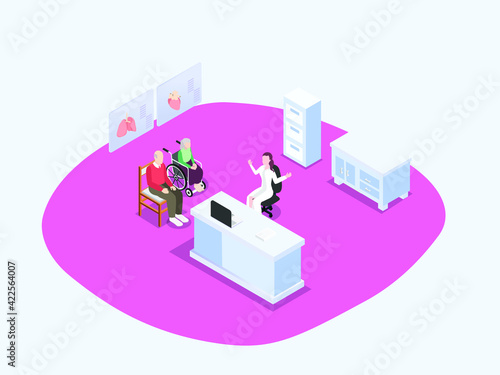 Elderly couple having a consultation with a doctor isometric 3d vector concept for banner, website, illustration, landing page, flyer, etc.