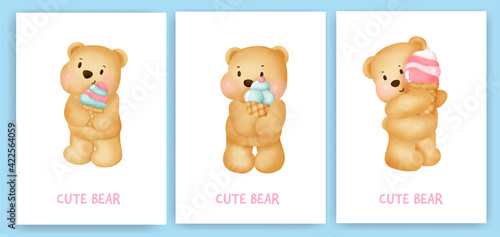 Cute teddy bear holding a ice cream greeting card set in water color style.