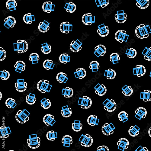 Line Audio book icon isolated seamless pattern on black background. Book with headphones. Audio guide sign. Online learning concept. Vector
