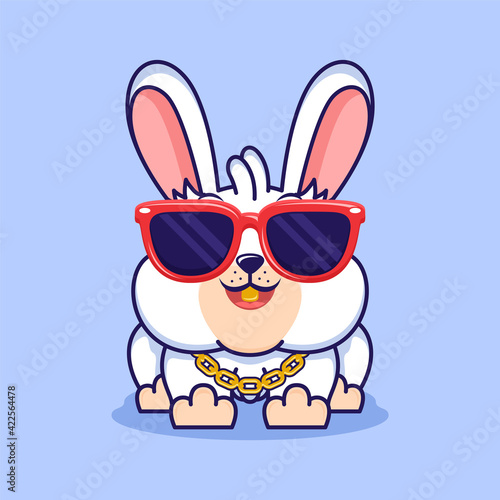 Cute swag bunny with hat and gold chain cartoon vector illustration icon design.