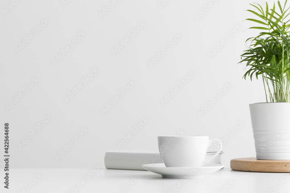 White book, cup of coffee and a palm in a pot on the white table with blank copy space. White book, cup of coffee and a palm in a pot on the white table with blank copy space.