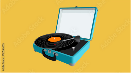 Portable record player with light blue suitcase on yellow background