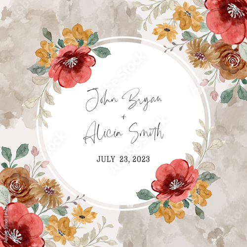 Save the date. Red and yellow floral frame with watercolor