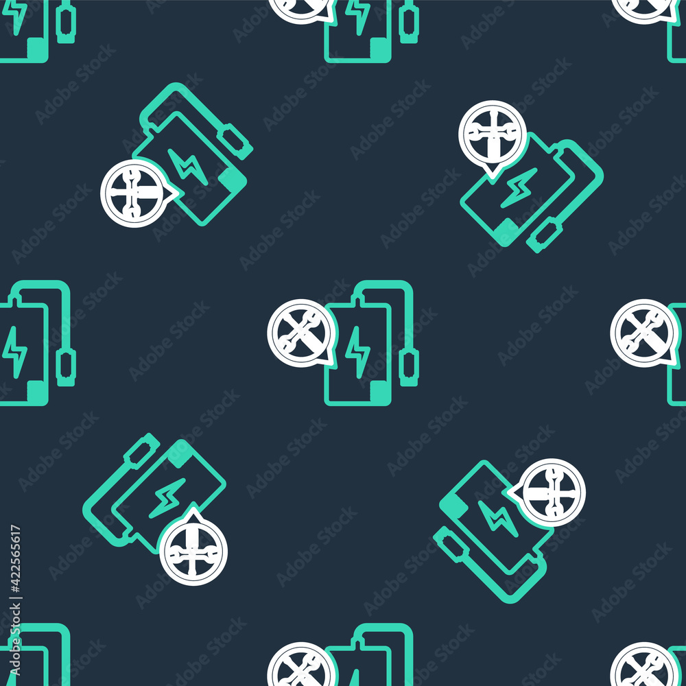Line Power bank with screwdriver and wrench icon isolated seamless pattern on black background. Adjusting, service, setting, maintenance, repair, fixing. Vector Line Power bank with screwdriver and wrench icon isolated seamless pattern on black background. Adjusting, service, setting, maintenance, repair, fixing. Vector