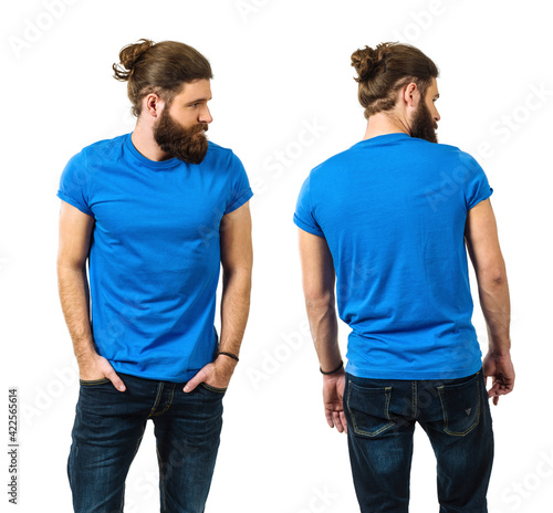 Young man with beard wearing blank blue shirt