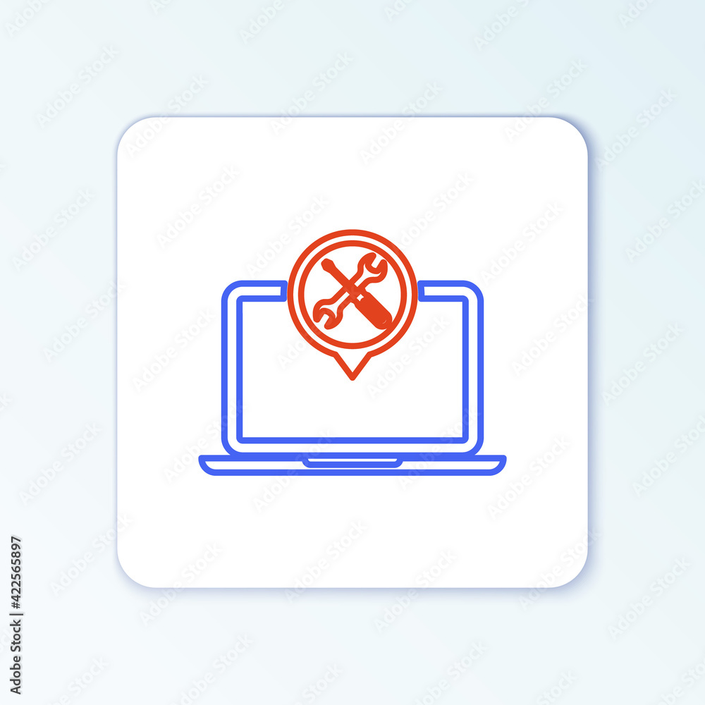 Line Laptop with screwdriver and wrench icon isolated on white background. Adjusting, service, setting, maintenance, repair, fixing. Colorful outline concept. Vector Line Laptop with screwdriver and wrench icon isolated on white background. Adjusting, service, setting, maintenance, repair, fixing. Colorful outline concept. Vector