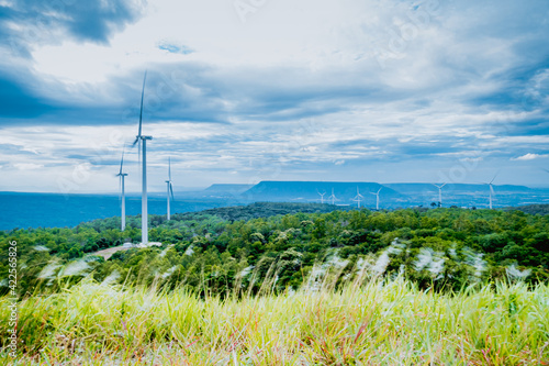 Panorama view of Wind power windmill generators farm of Electricity Generating Authority of Thailand at Khao Yai Tien Nakhon Ratchasima  Korat Khaoyai  Thailand