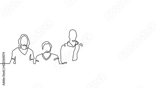 continuous animation of a business team standing together. continuous line drawing of a diverse crowd of standing people. Family, friends hand drawn. MP4, 4k video animation h.264