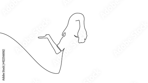 Continuous Line animation of Young woman spread her hand and shrugging shoulder. I do not know. Oops! Sorry! Asking question and doubt expression vector illustration. Continuous Line animation. 4K