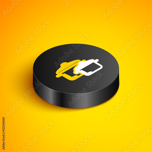 Isometric line Cooking pot icon isolated on yellow background. Boil or stew food symbol. Black circle button. Vector