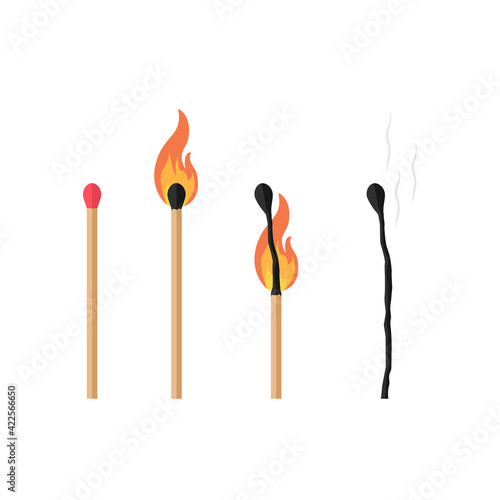 Set of matches isolated on white background. Burning and burnt matches. Vector illustration