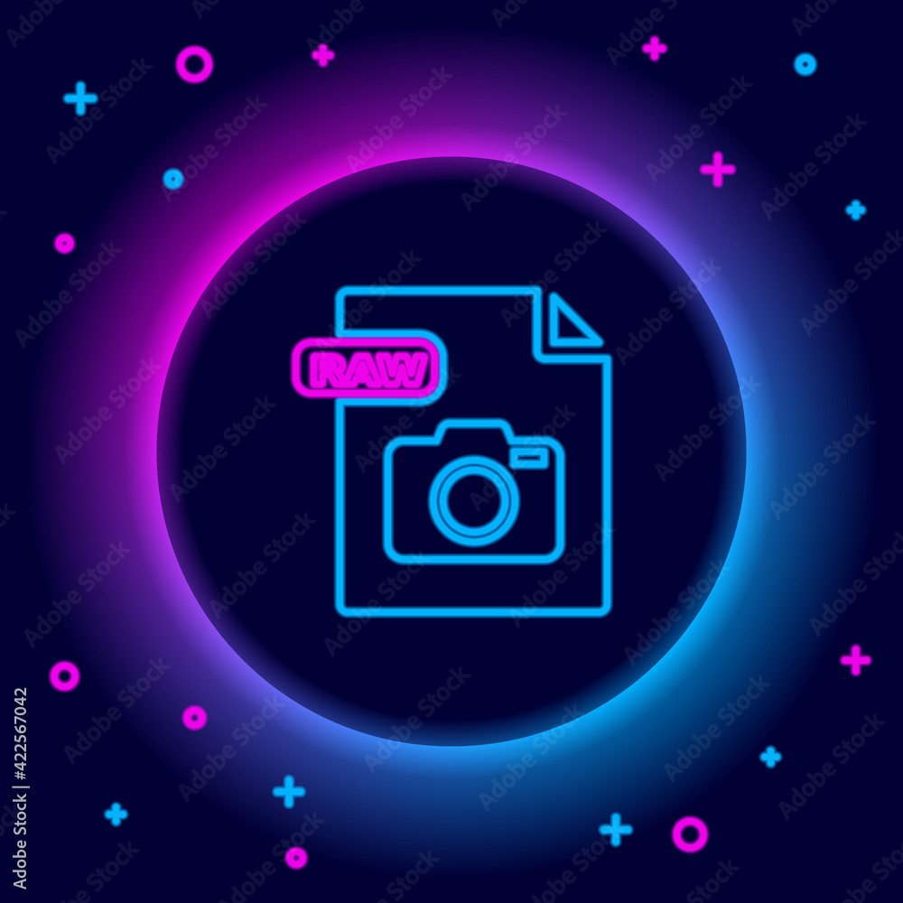 Glowing neon line RAW file document. Download raw button icon isolated on black background. RAW file symbol. Colorful outline concept. Vector Glowing neon line RAW file document. Download raw button icon isolated on black background. RAW file symbol. Colorful outline concept. Vector