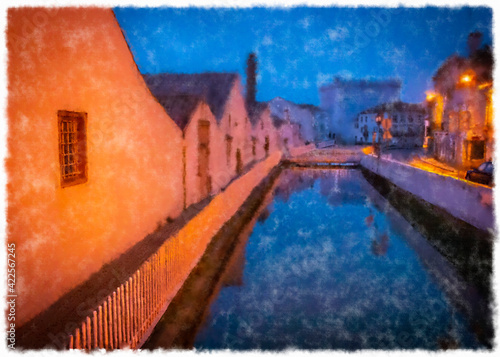 Canal In European Village With Dawn Light, Bordered By Geometric White Buildings. Impressionistic Style Photograph, Tomar, Portugal.