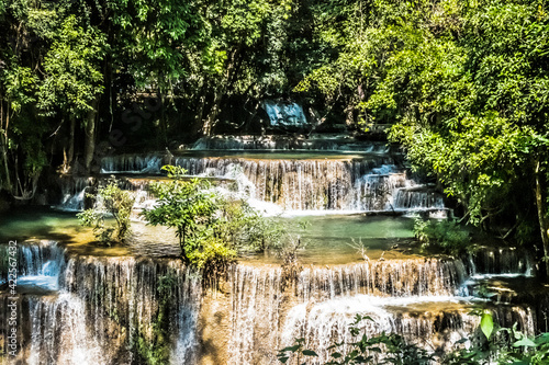 beautiful tropical deep rainforest waterfall Fresh turquoise waterfalls in deep forest of Huay Mae Khamin waterfall in the national park Beautiful landscape waterfalls 