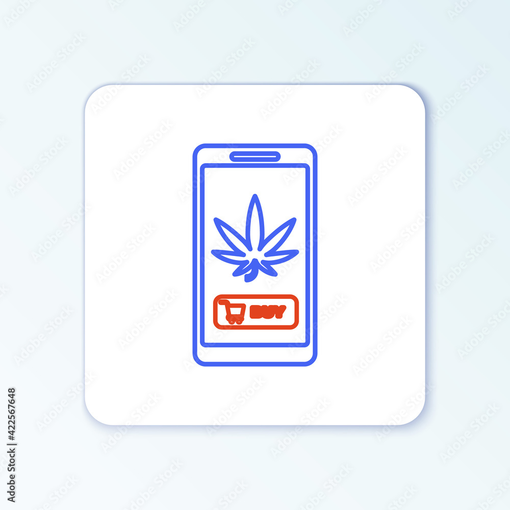 Line Mobile phone and medical marijuana or cannabis leaf icon isolated on white background. Online buying symbol. Supermarket basket. Colorful outline concept. Vector Line Mobile phone and medical marijuana or cannabis leaf icon isolated on white background. Online buying symbol. Supermarket basket. Colorful outline concept. Vector