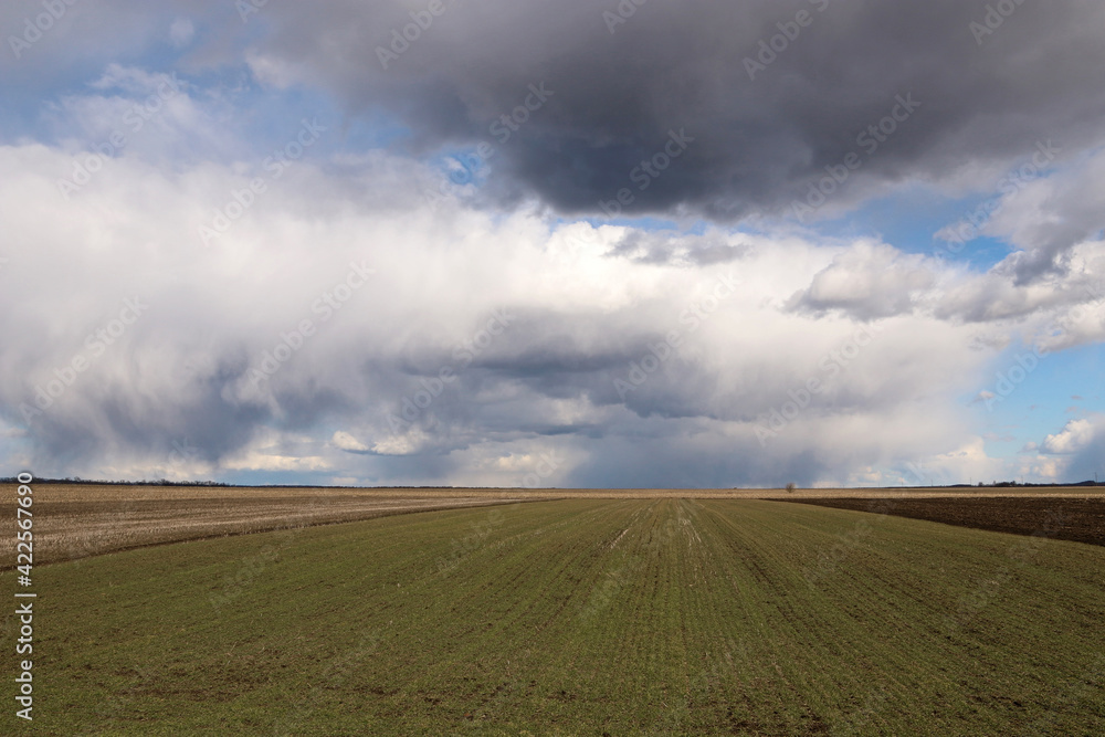 Thunderstorm clouds in bad weather before rain. Dramatic clouds over agricultural field. Thunderstorm clouds in bad weather before rain. Dramatic clouds over agricultural field.